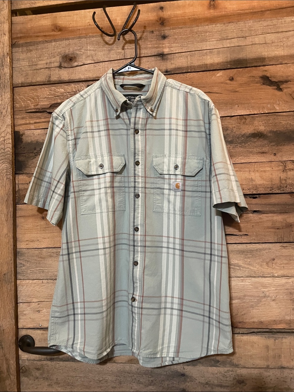 Carhartt Light Sage and Brown Plaid Short Sleeve Button-Up Shirt